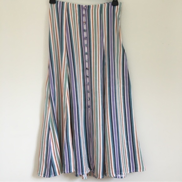 Anthropologie Maeve Satin Purple Green striped Button Front A-line Midi Skirt - Picture 16 of 16
